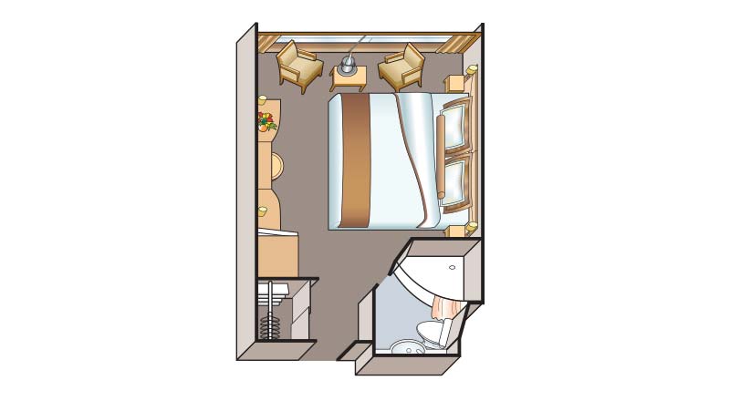 Illustrated schematic of the floorplan for a French Balcony Stateroom on the Viking Legend and Prestige.