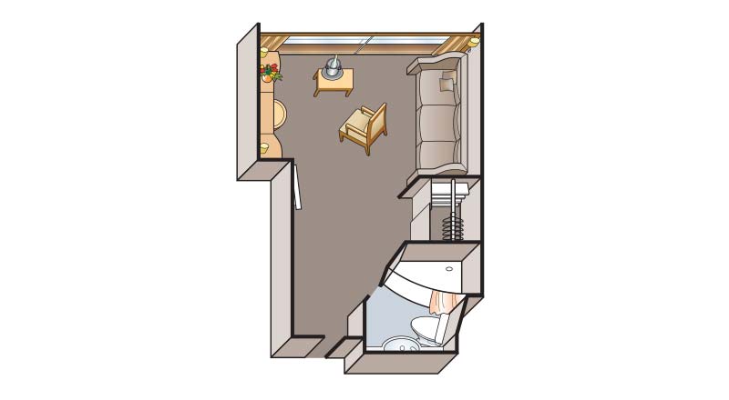 Illustrated schematic of the floorplan for a Single Stateroom on the Viking Legend and Prestige.