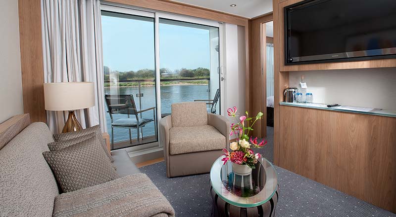 Living area in a Veranda Suite on board a Viking river ship