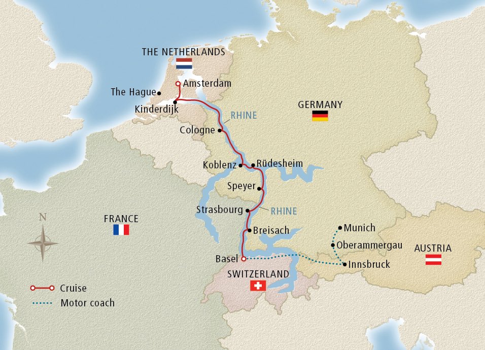 Map of the Oberammergau, the Alps & the Rhine itinerary