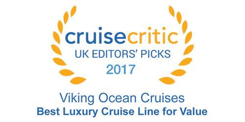 Badge with text "Cruise Critic - UK Editors' Picks - 2017 - Viking Ocean Cruises - Best Luxury Cruise Line for Value"