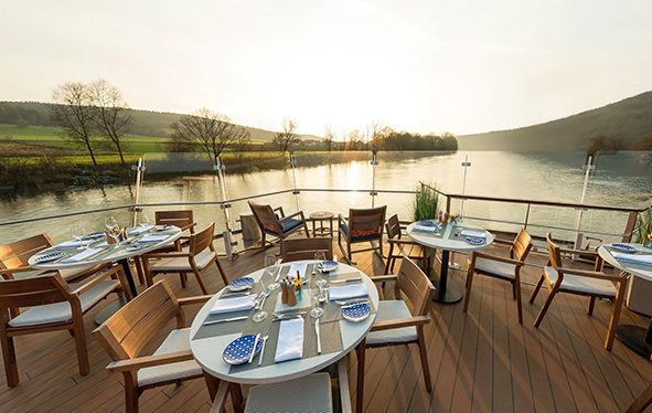 Longship's Aquavit Terrace on the river at sunset
